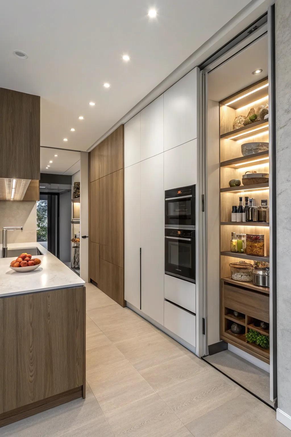 A kitchen with a cleverly concealed pantry.