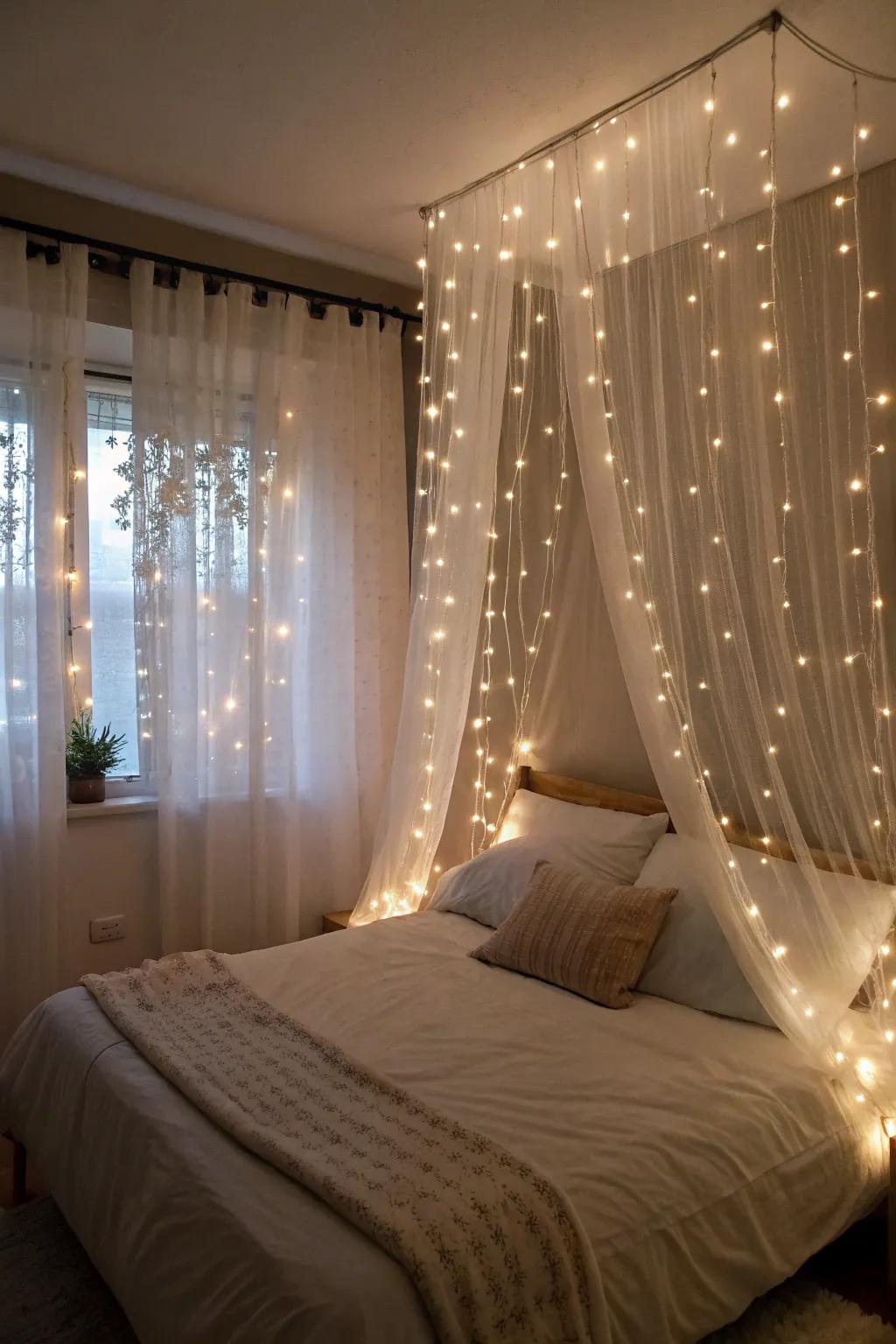 Curtains and fairy lights create a dreamy, soft glow behind the bed.