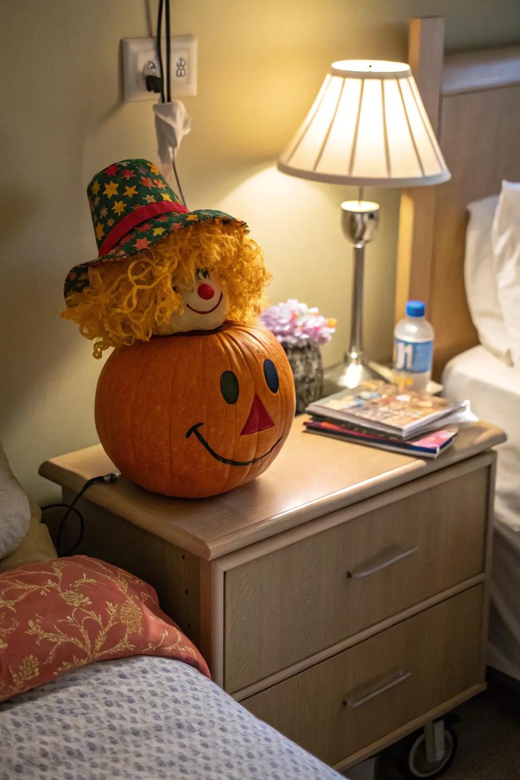 A hairpiece and cap provide this decorative gourd an enjoyable personality.
