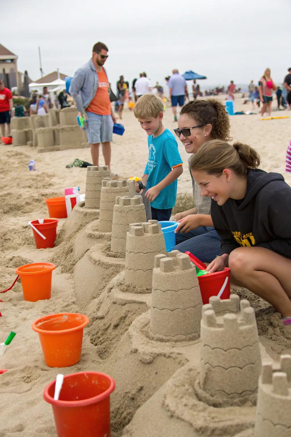 Guests enjoying a fun and engaging sandcastle building contest.