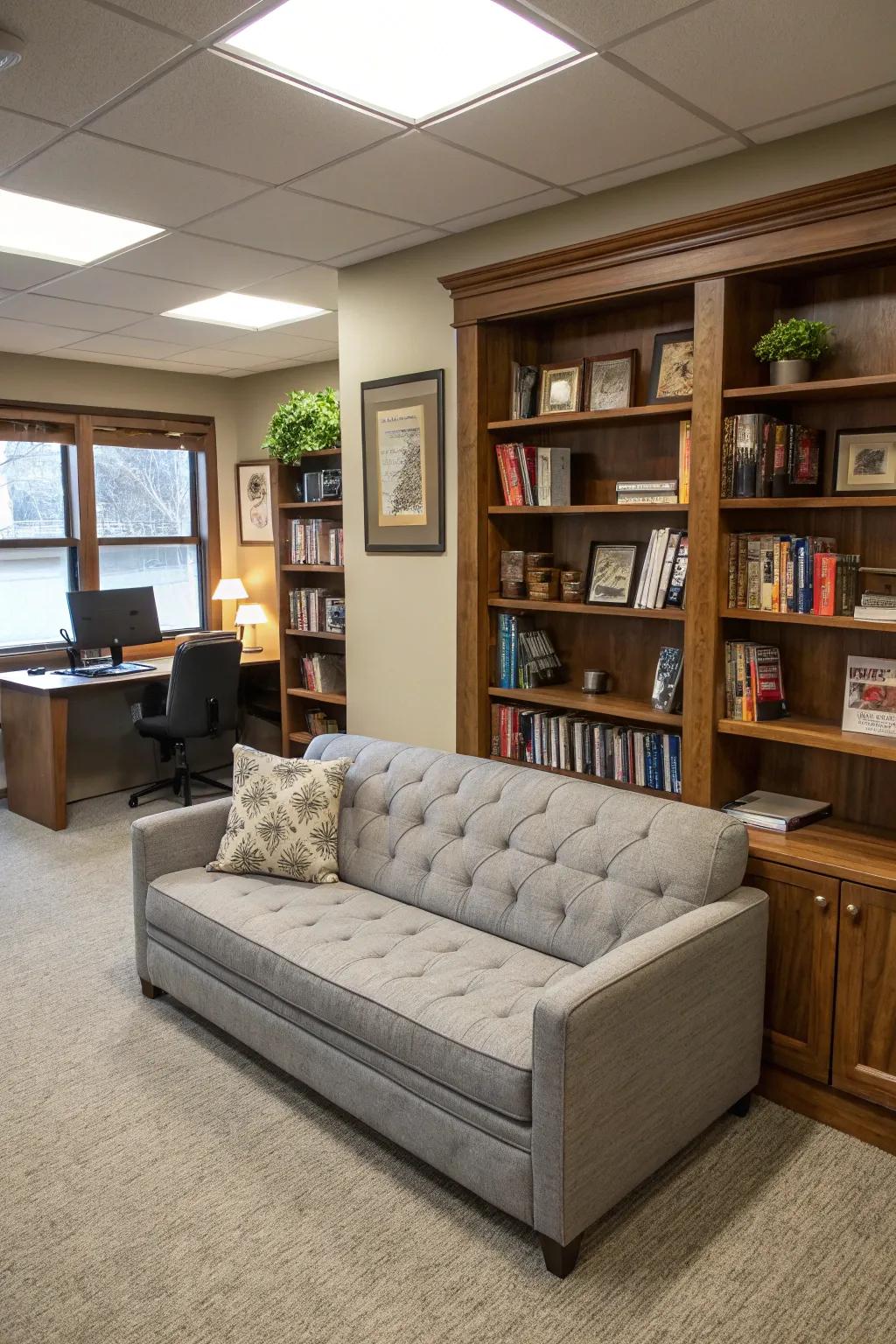 This reading space cleverly doubles as a visitor area with a convertible sofa bed.