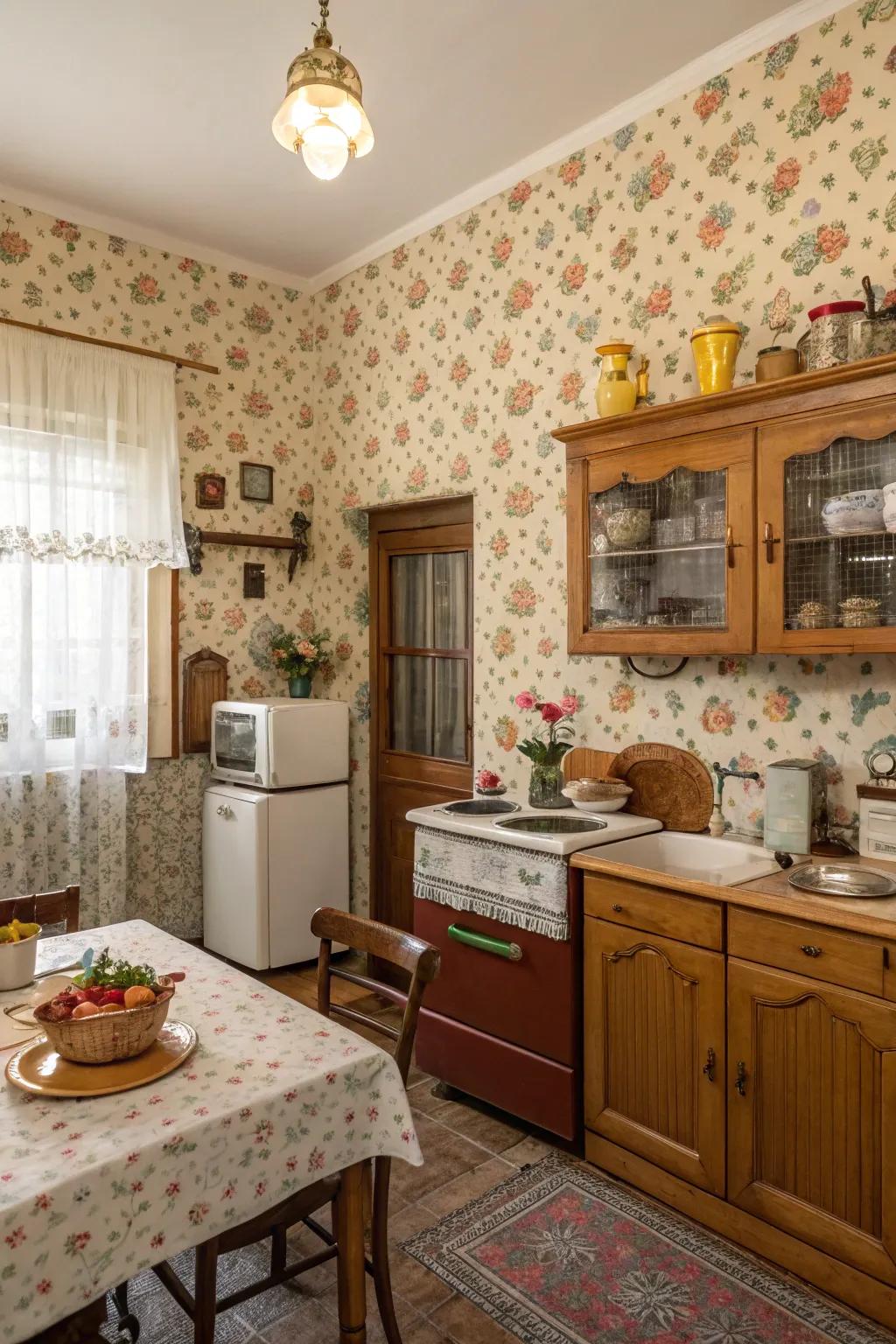 Vintage wallpaper introduces vibrancy and historical charm.