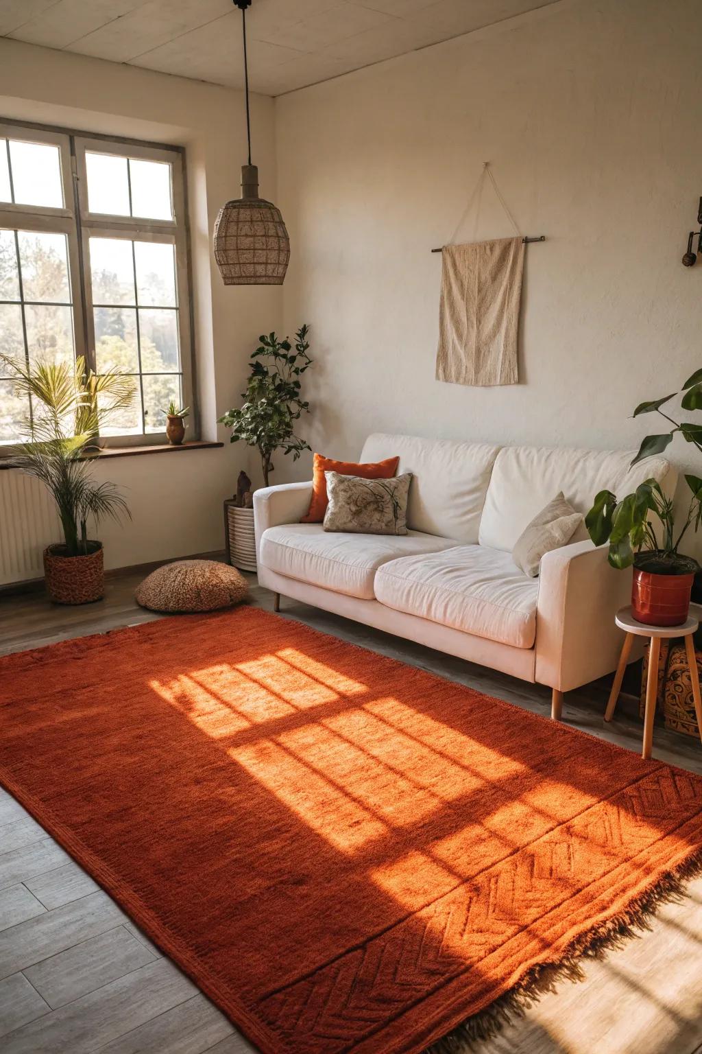 An orange rug that provides warmth and depth to a cozy, minimalist area.
