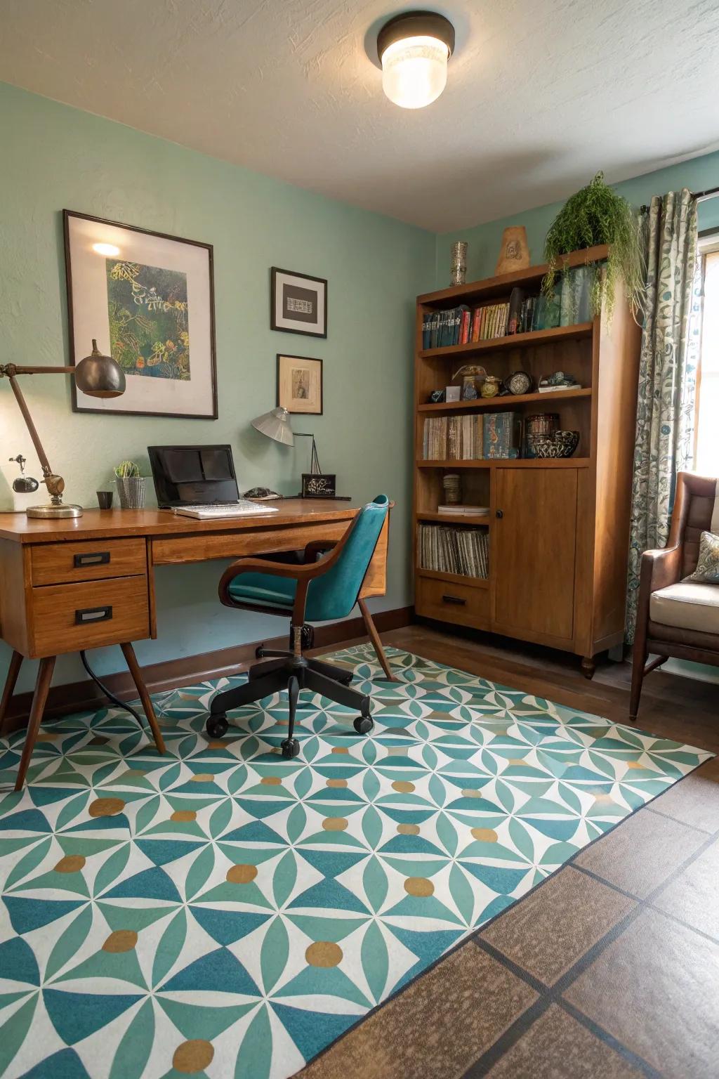 A home office with vintage vinyl-painted floors, offering a retro and nostalgic charm.