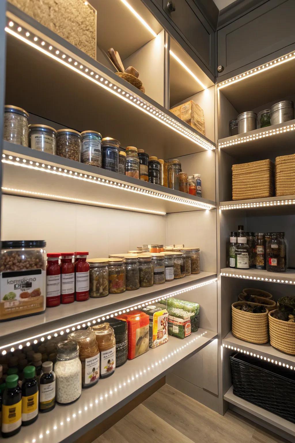 LED strip lighting in a pantry enhances visibility and adds a modern touch.