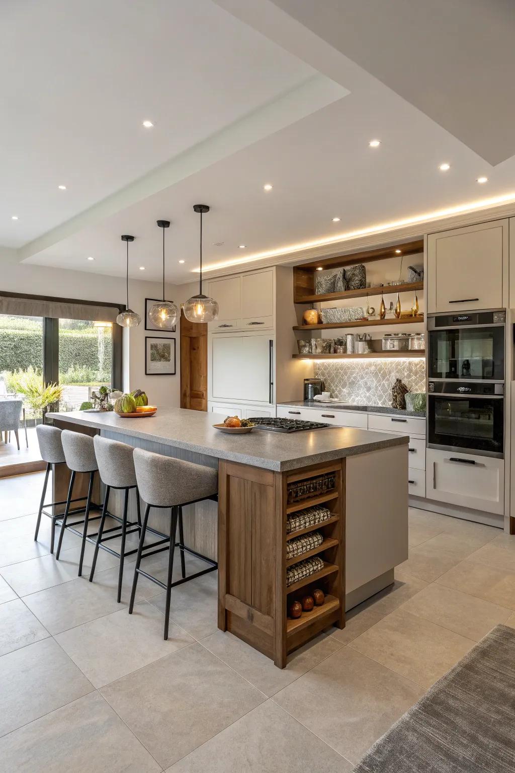 A kitchen island adds functionality and style.