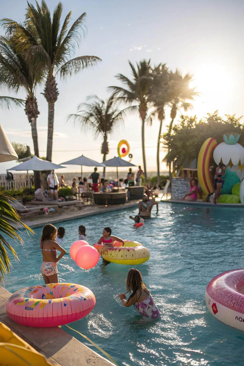 Teens having a splash at a beach-themed pool party.