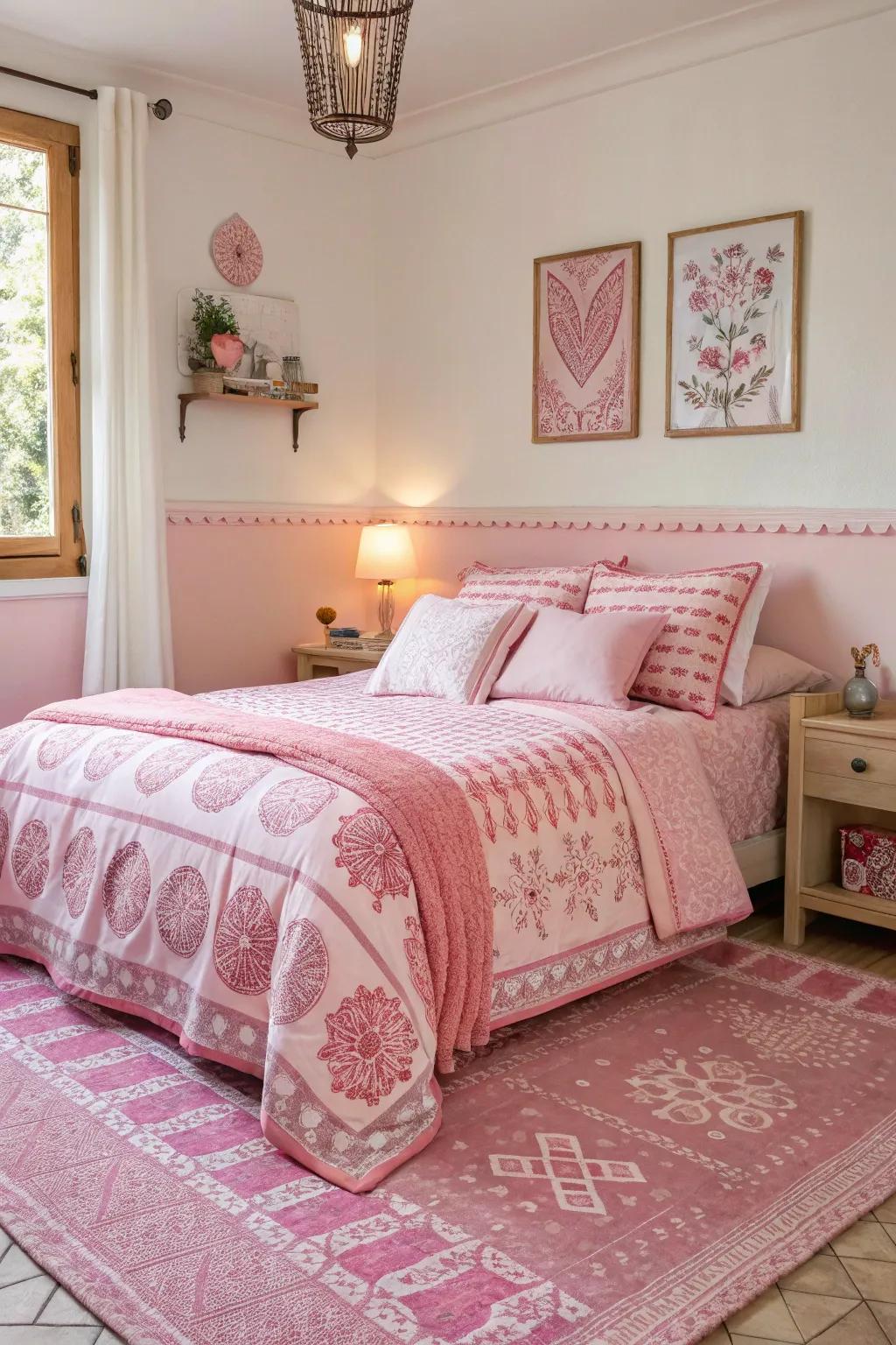 A mix of pink patterned textiles adds dynamic interest to this bedroom.