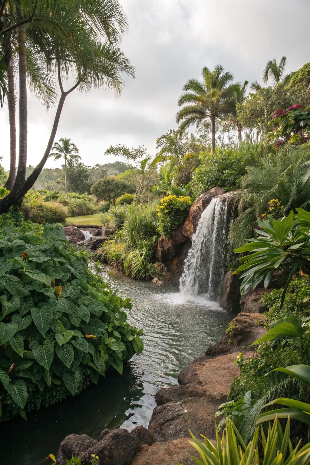 Transform your stream into a tropical escape with exotic flora and cascades.