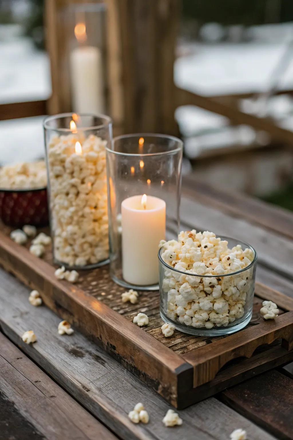 Popcorn candle holders provide a warm, rustic glow.