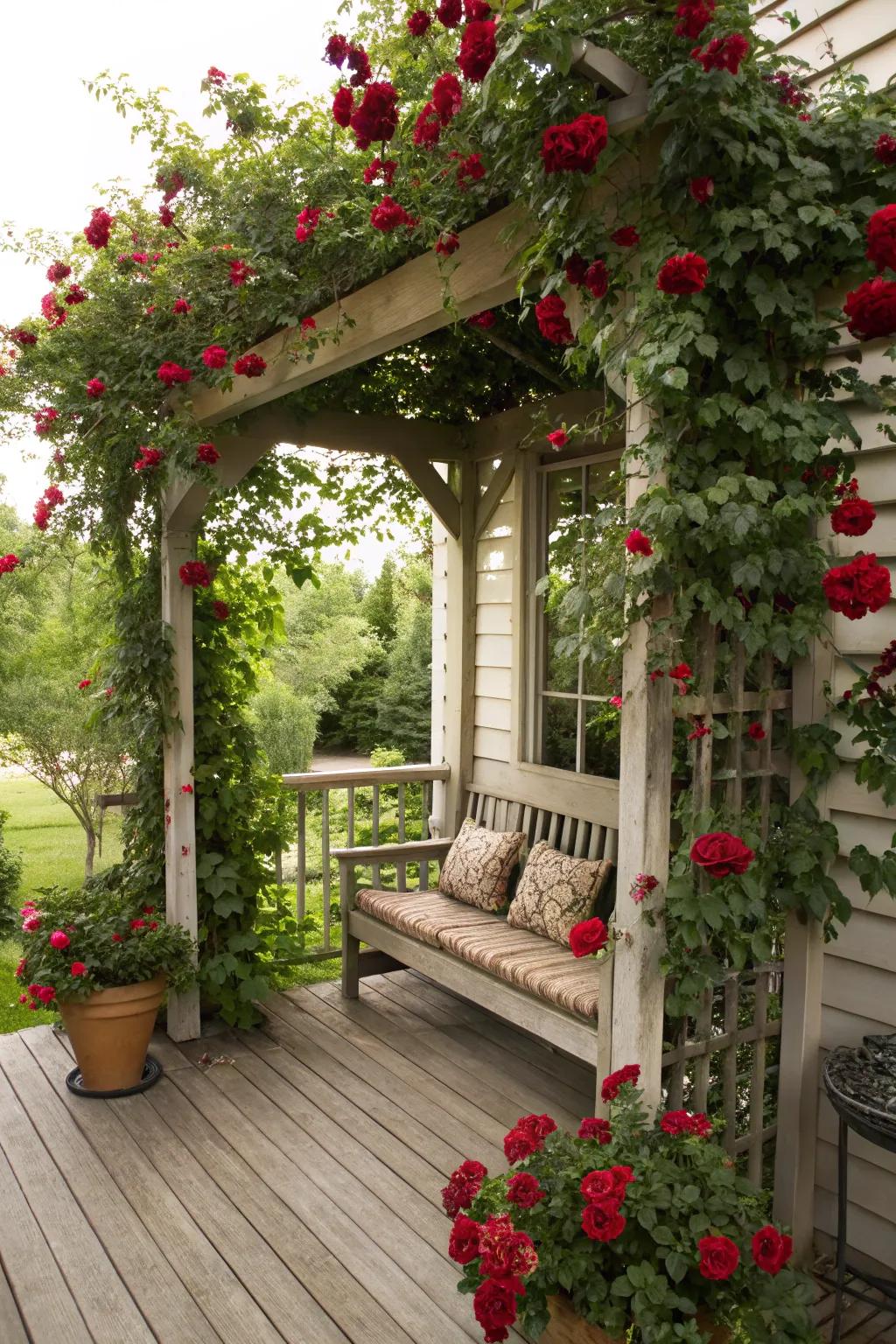 An arbor bench delivers a romantic sanctuary on the veranda.