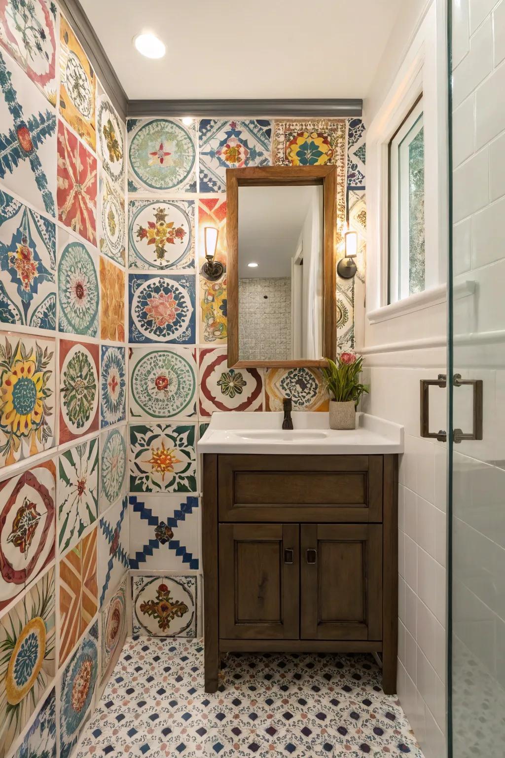 Handpainted tiles add artistic charm.