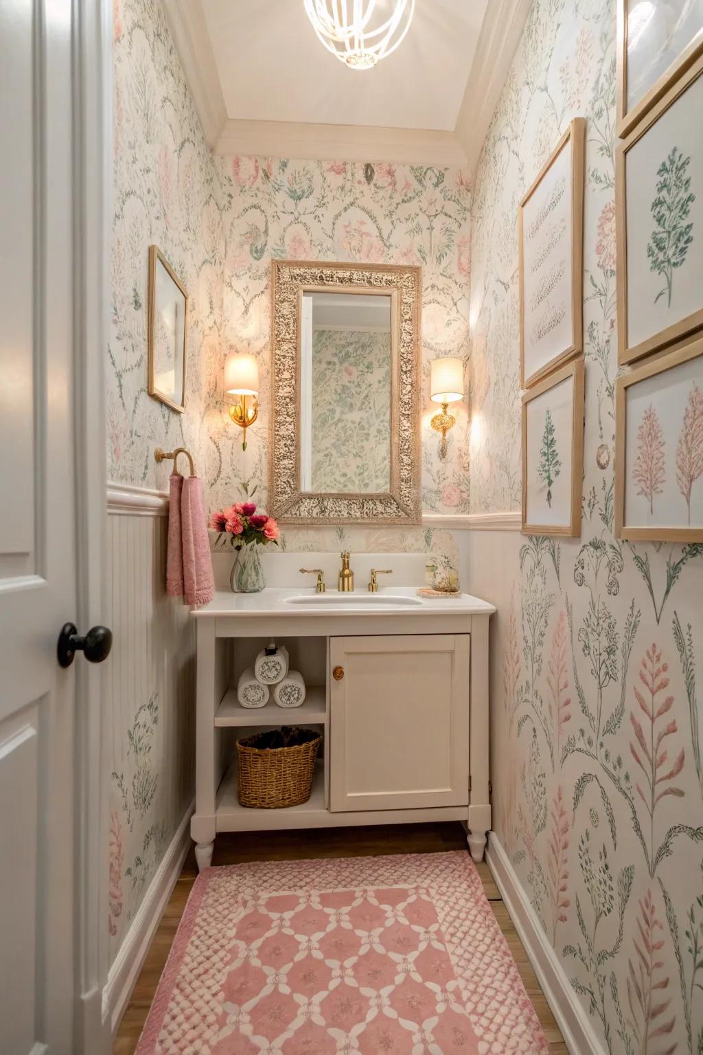 Hand-drawn motifs add a whimsical and personal touch to your powder room.