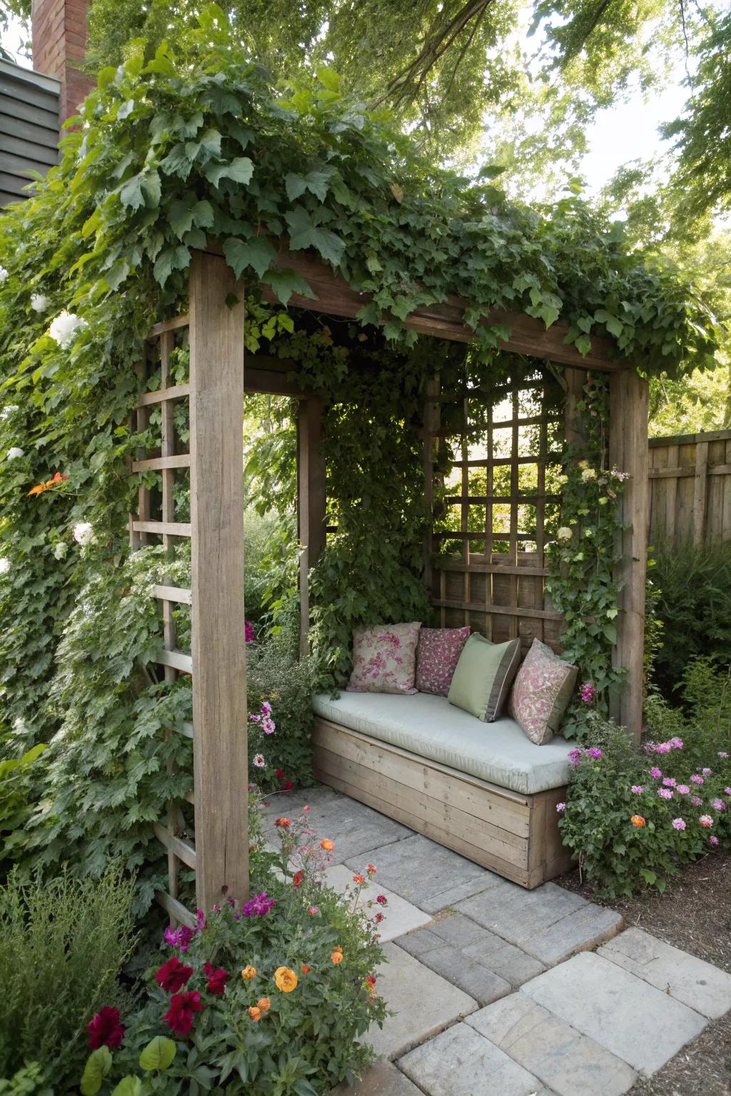 Blend comfort and privacy with a trellis featuring built-in seating.