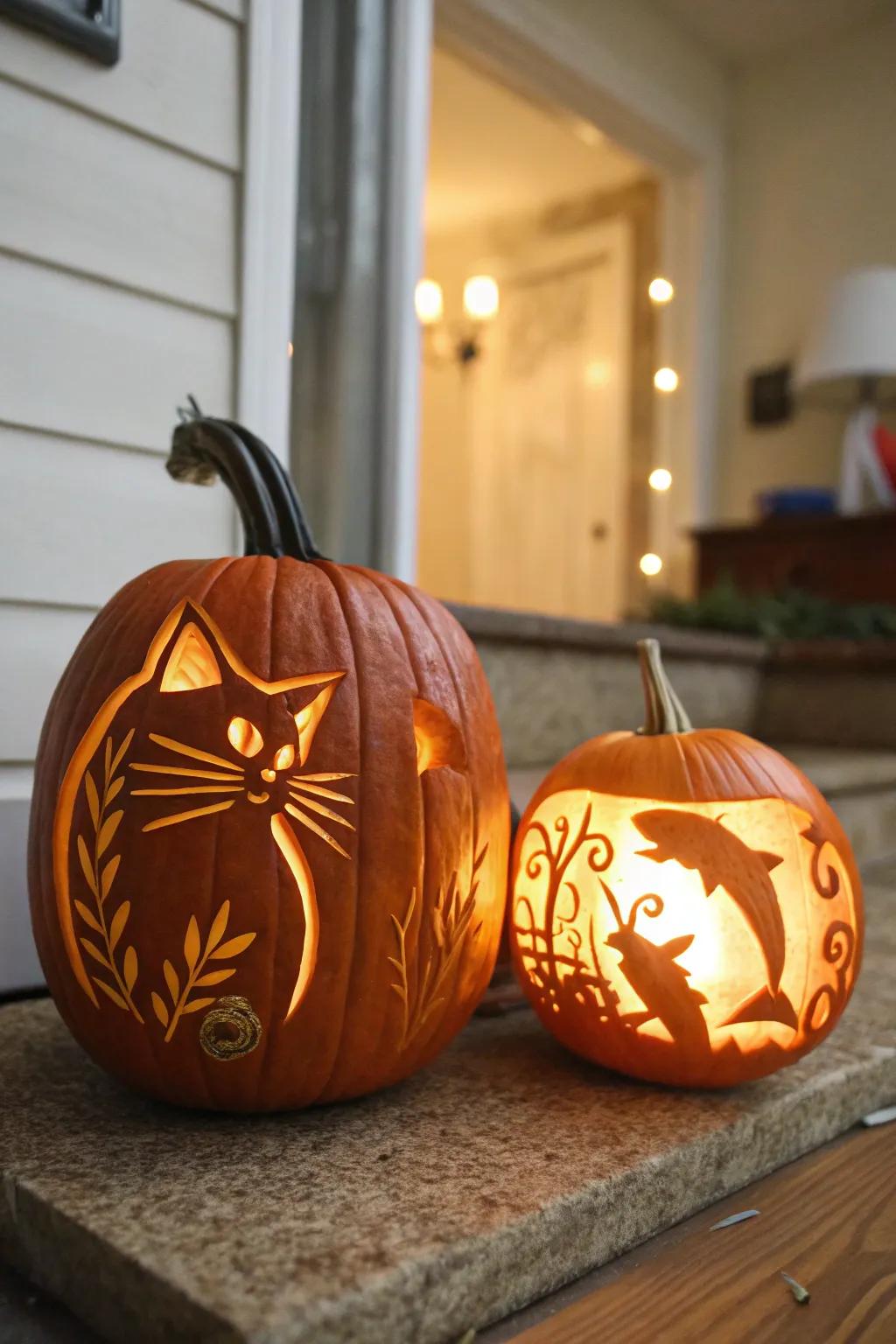 A playful feline and fishbowl pumpkin duo for a distinctive Halloween arrangement.