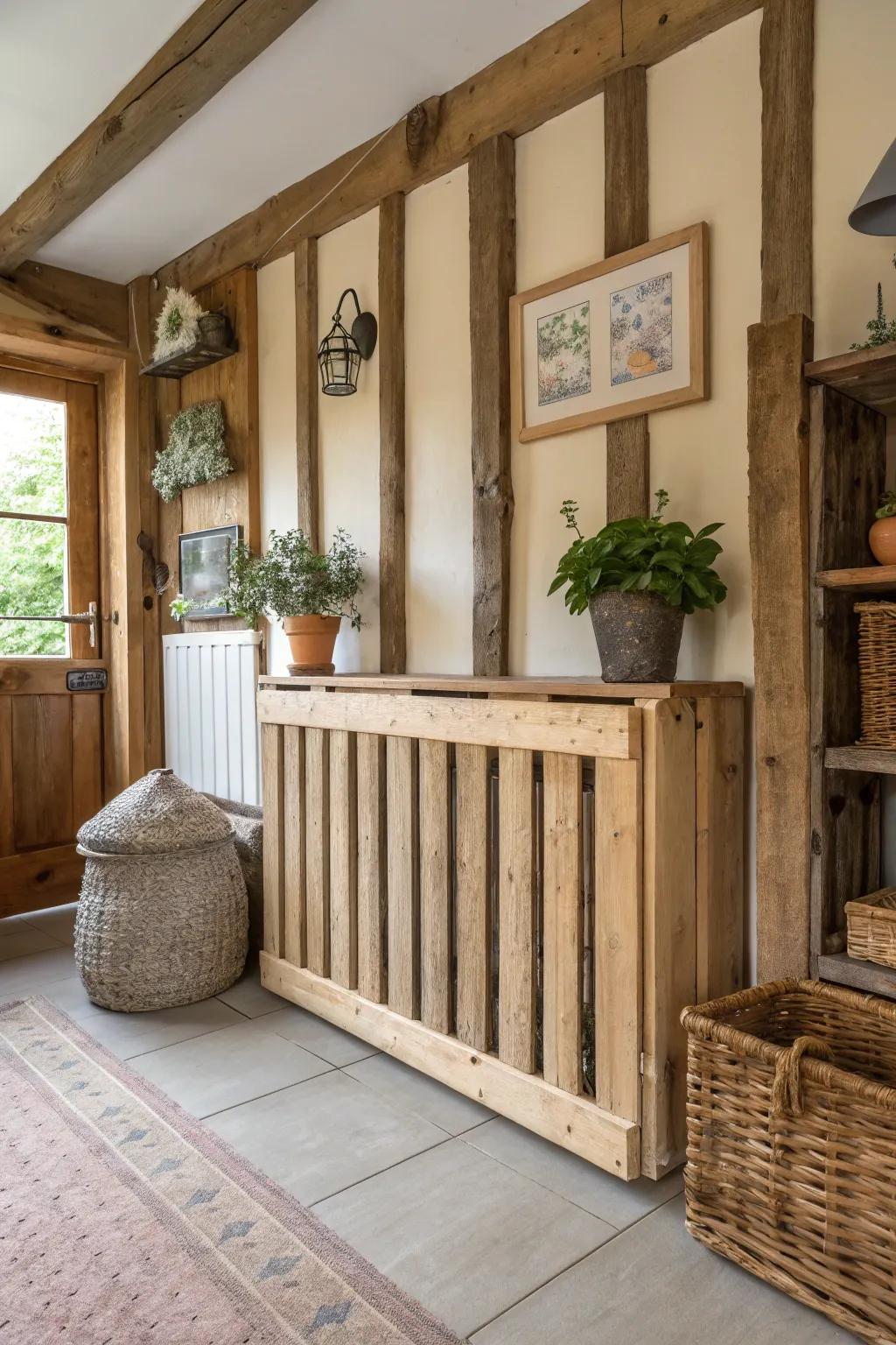 A pallet wood radiator cover adds rustic charm to a farmhouse-style room.