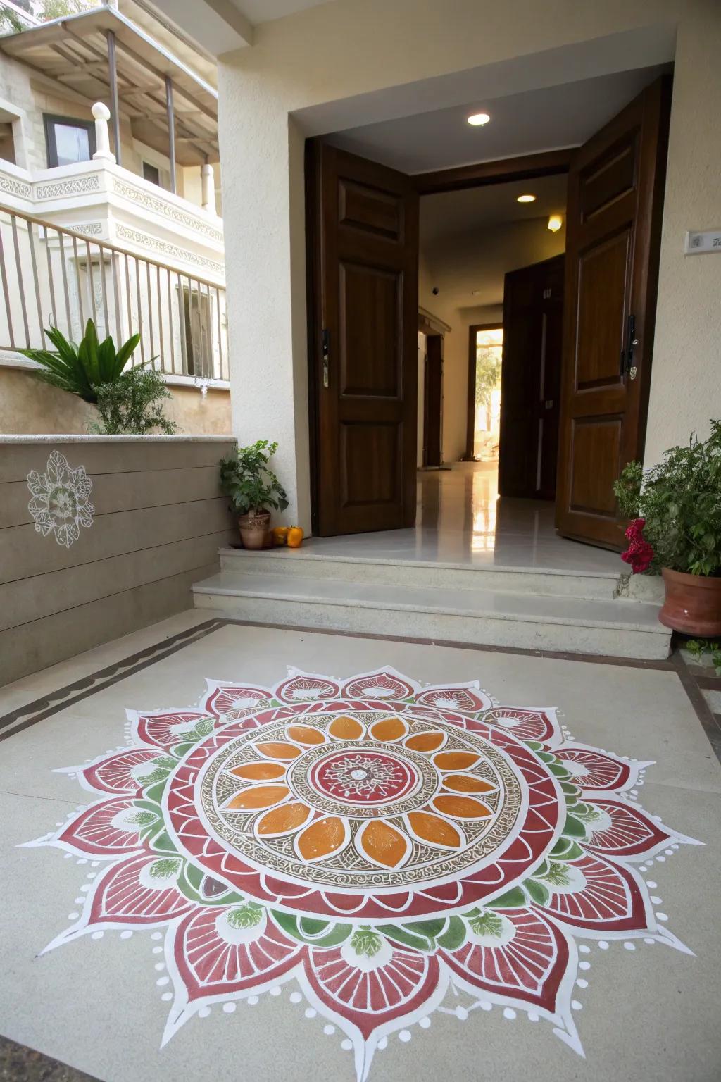 Rice flour provides a pure and stylish touch to this traditional rangoli.