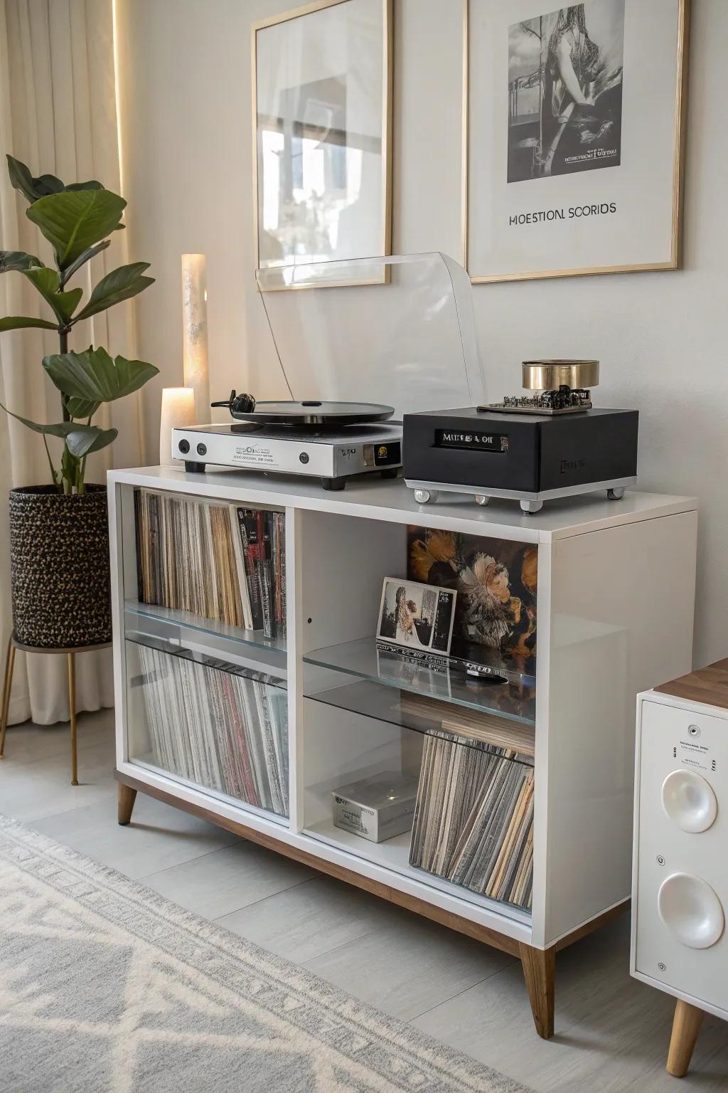 Acrylic accents create a modern, floating effect for your records.