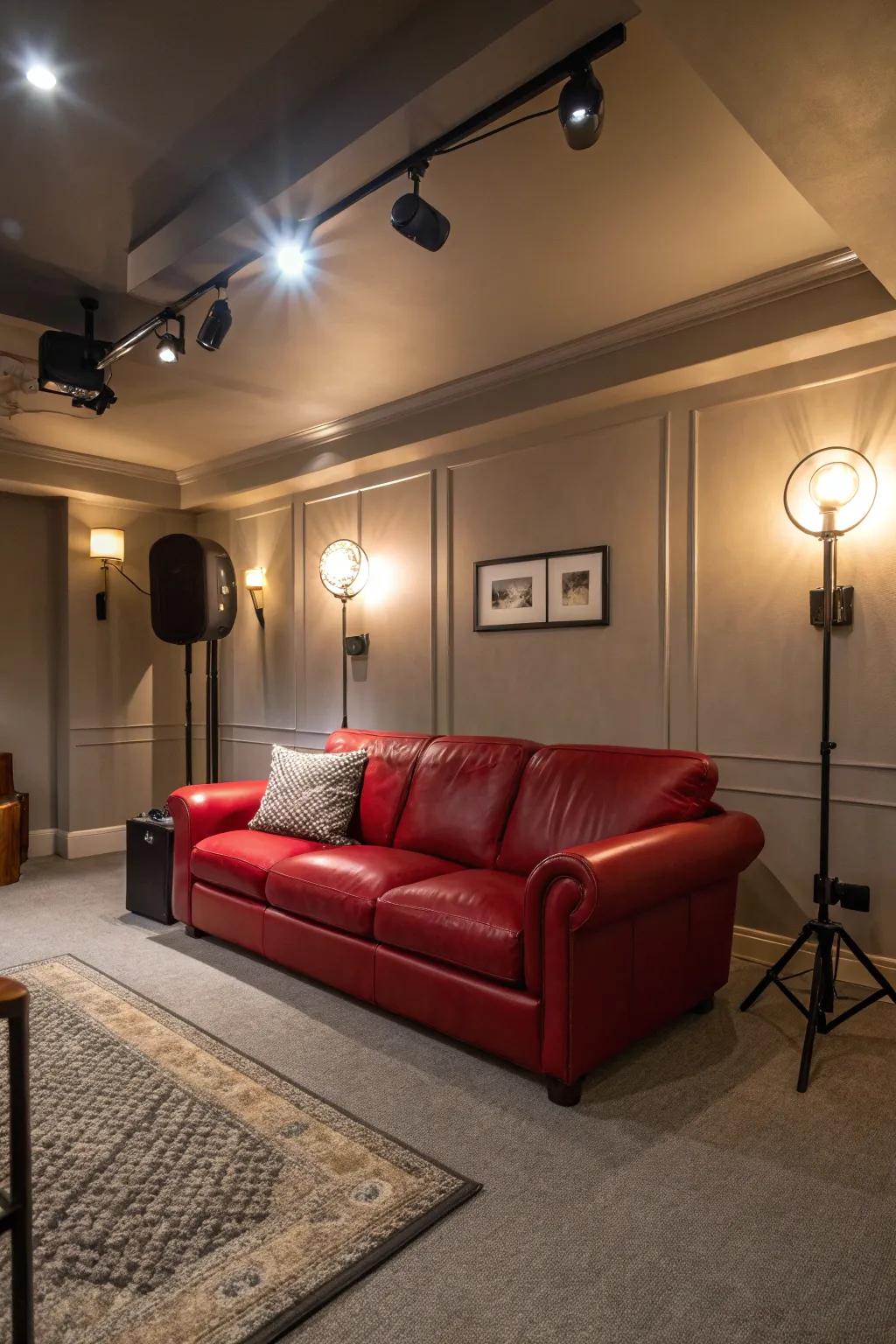 Illumination assumes a vital role in establishing the disposition and spotlighting a scarlet hide sofa.