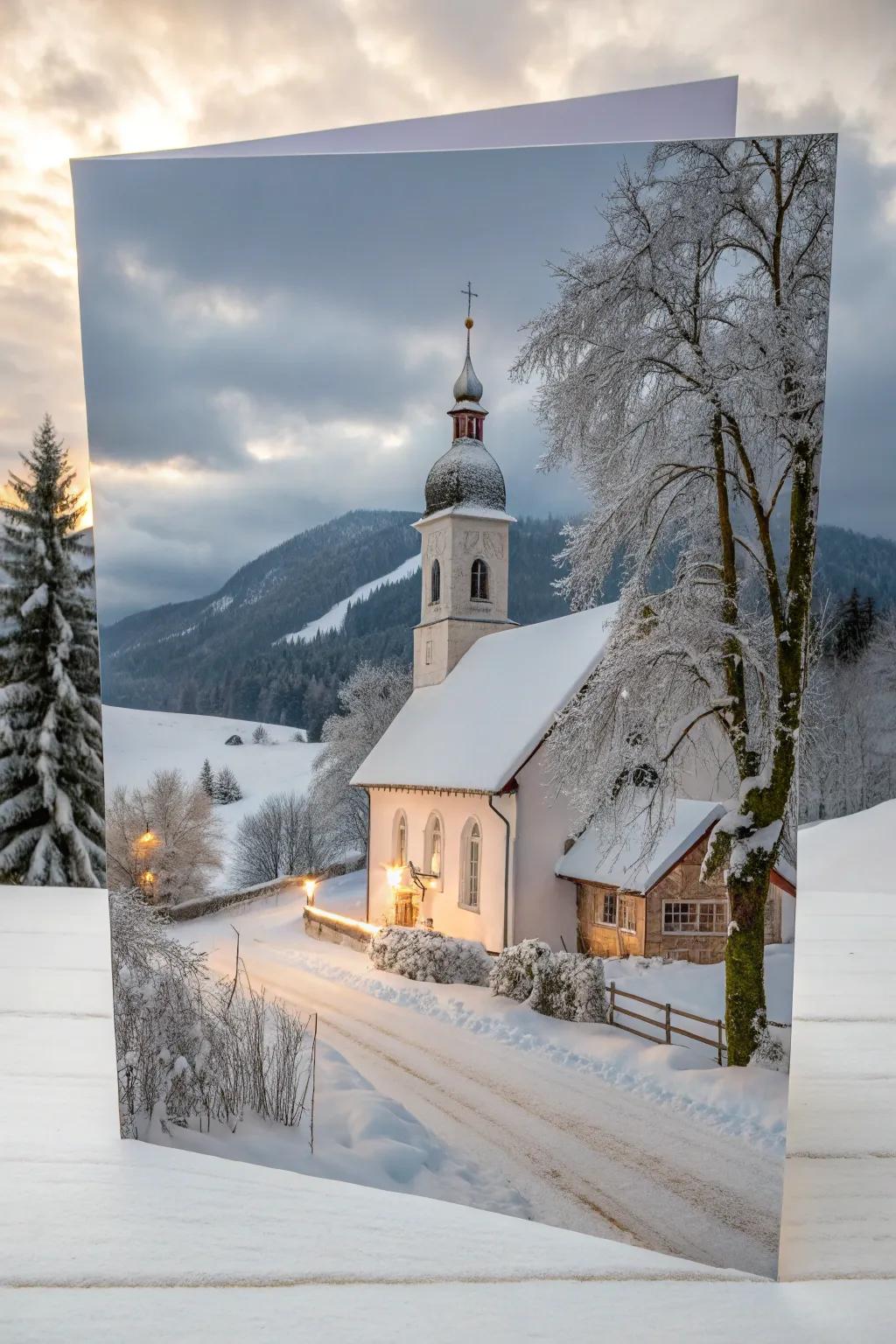 A tranquil winter church scene on a Christmas card.