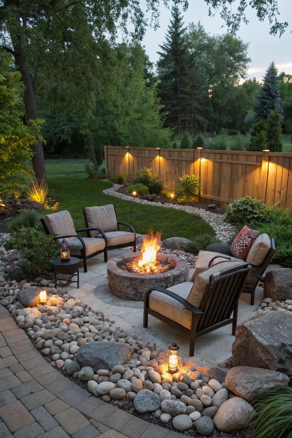 Create a welcoming fire pit area with river rocks.