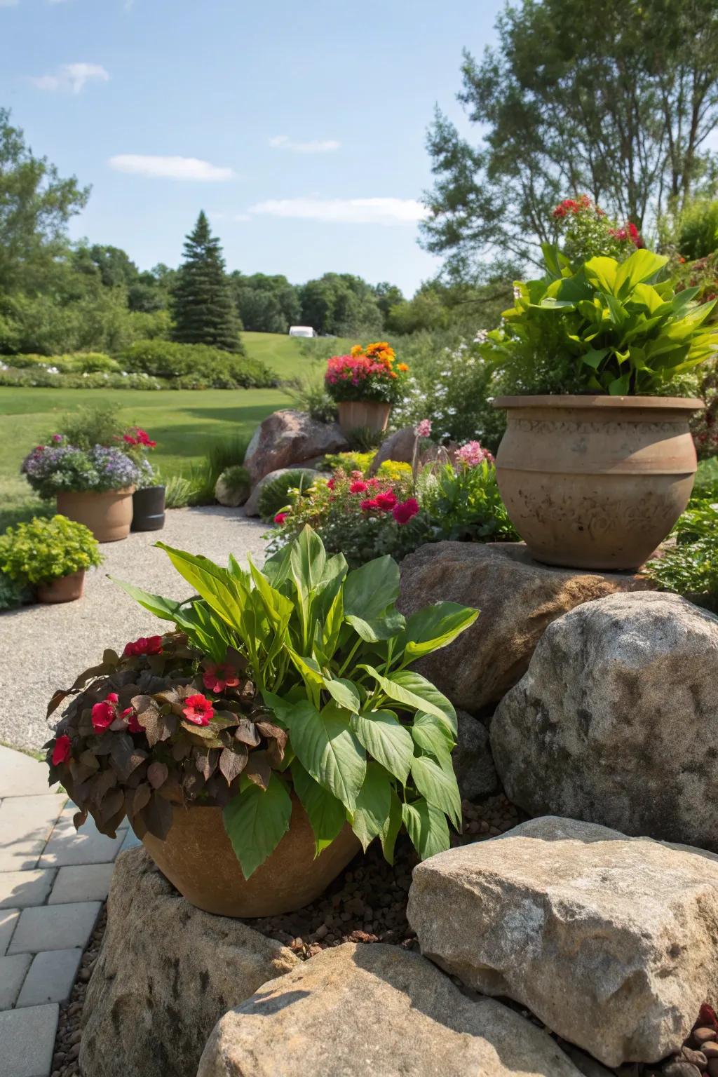 Potted plants artistically arranged on large garden rocks for added height.