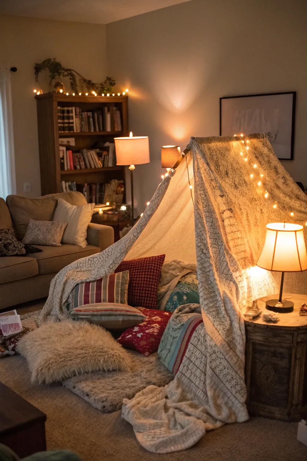 A blanket fort offers a whimsical and cozy escape.