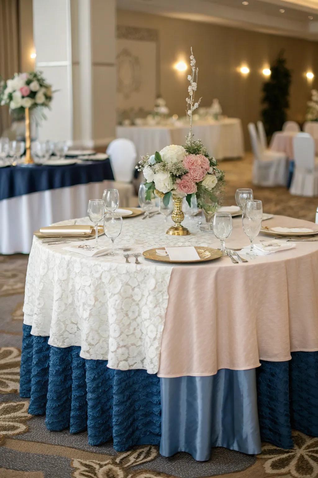 Layered tablecloths creating depth and interest.