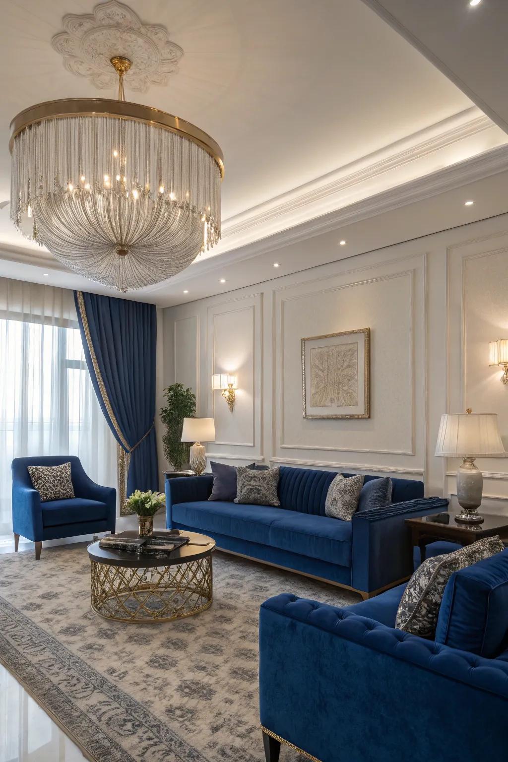Unique lighting fixtures highlight the elegance of a sapphire theme.