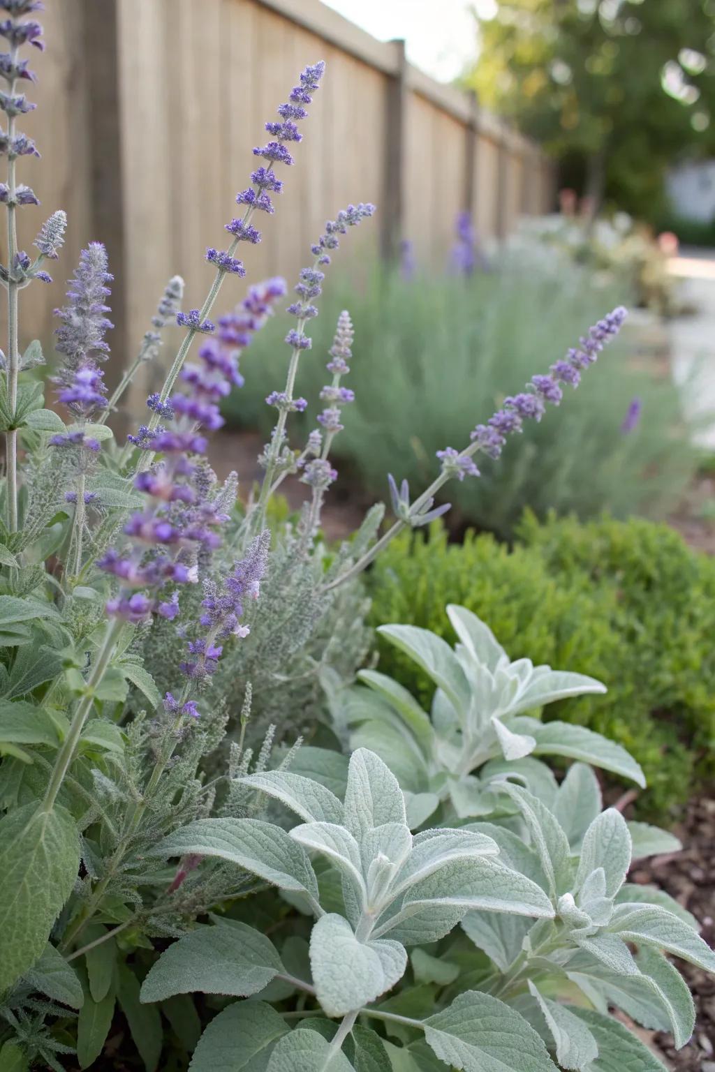 A texture-rich garden with Russian sage and lamb's ear.