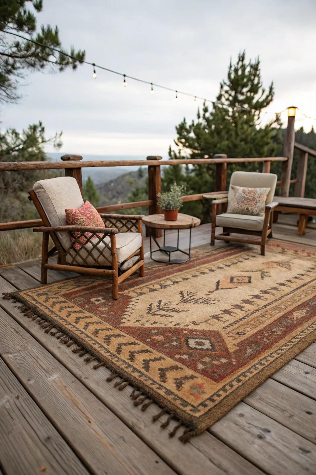 An open-air rug enhances comfort and style on this veranda.