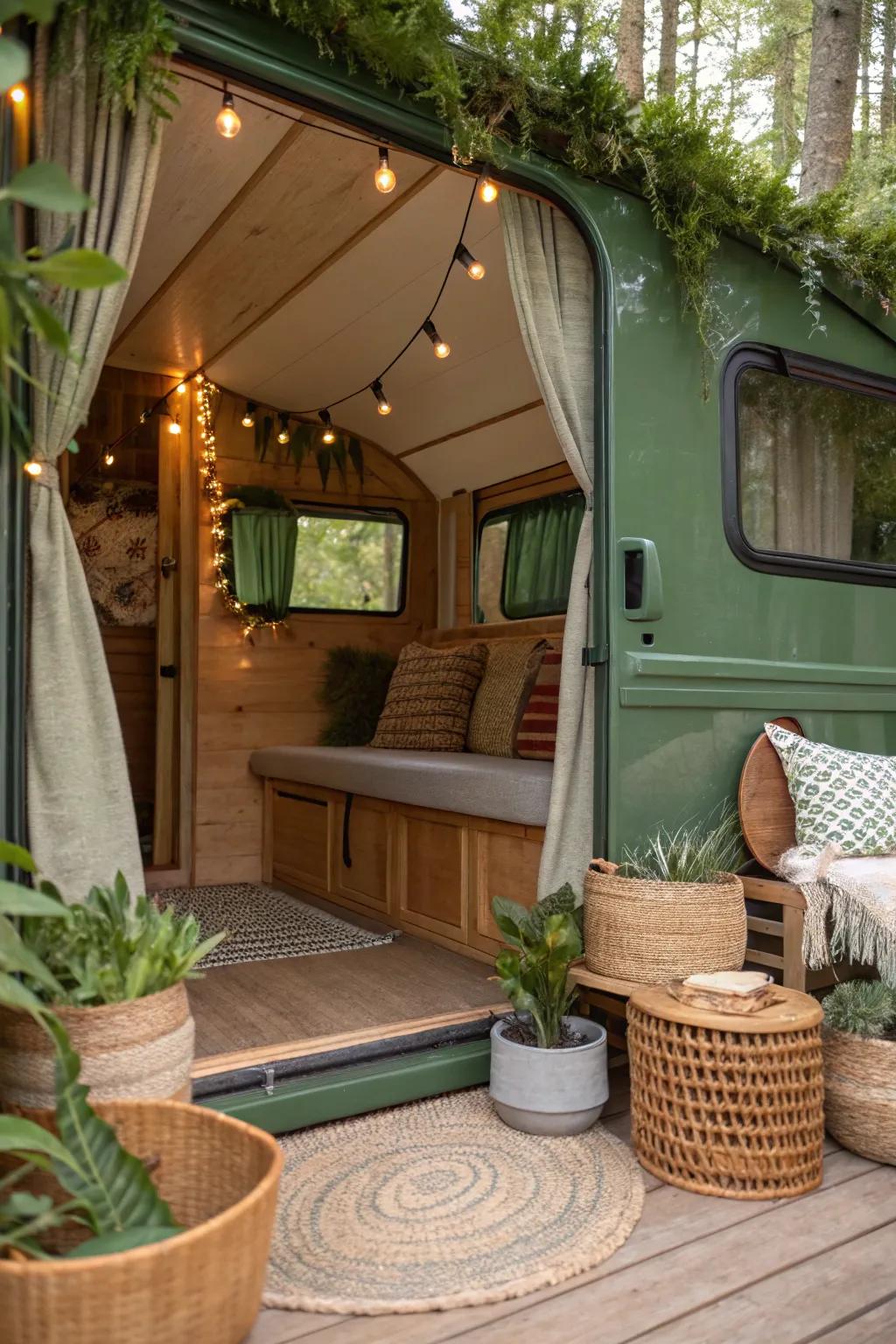 Earthy greens create a calming, nature-inspired RV interior.