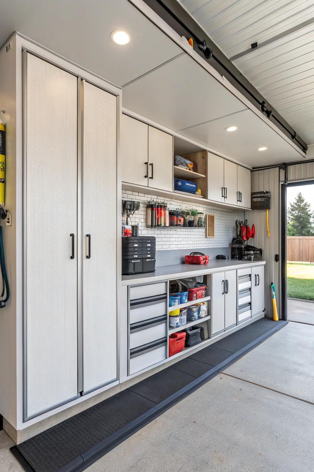Astute storage remedies in an RV garage for a structured, uncluttered area.