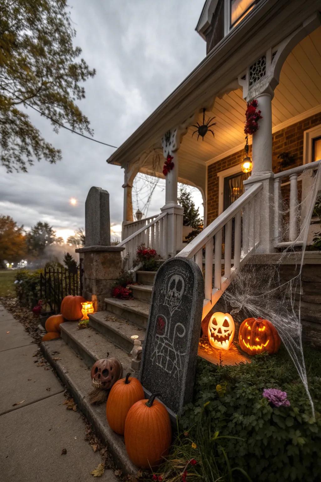 Themed tombstones add an authentic graveyard touch to the porch.