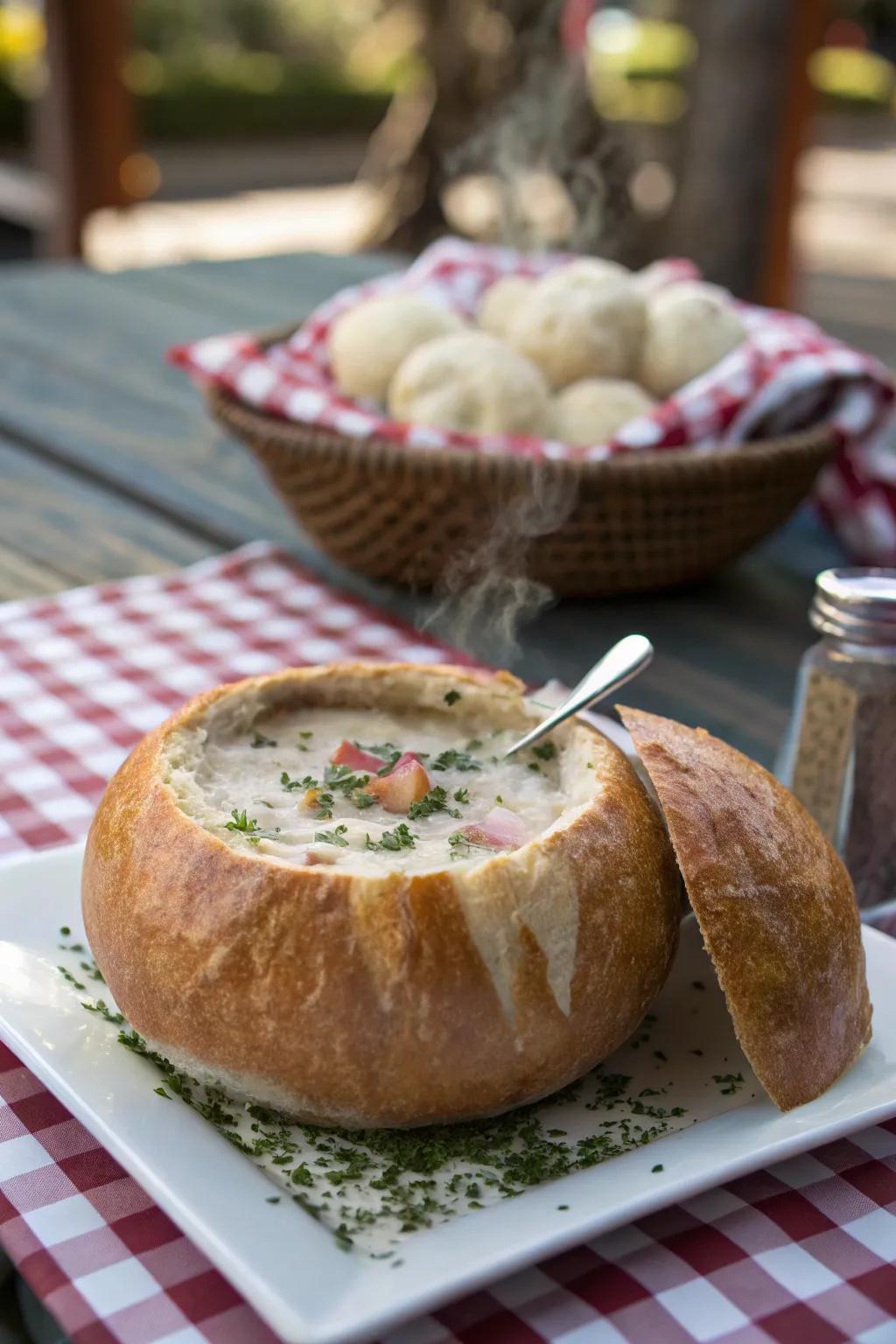 Ocean bisque in a bread casing, excellent for a cozy open-air indulgence.