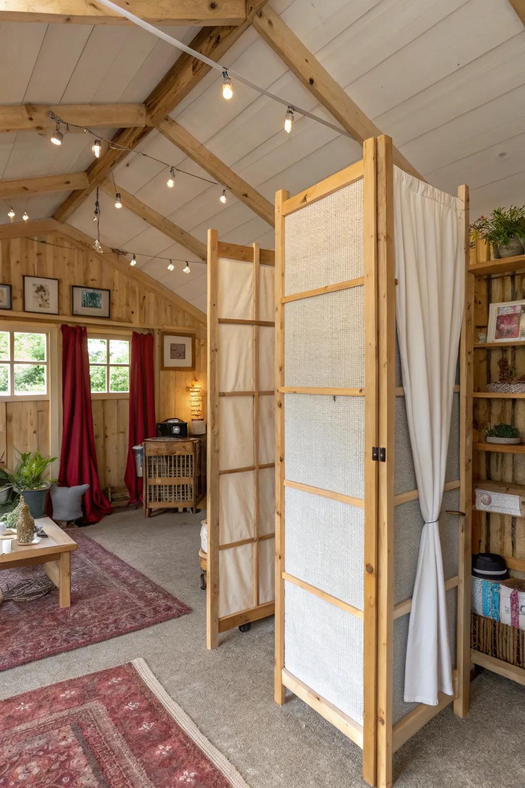 A shed home interior featuring creative room dividers for defined spaces.