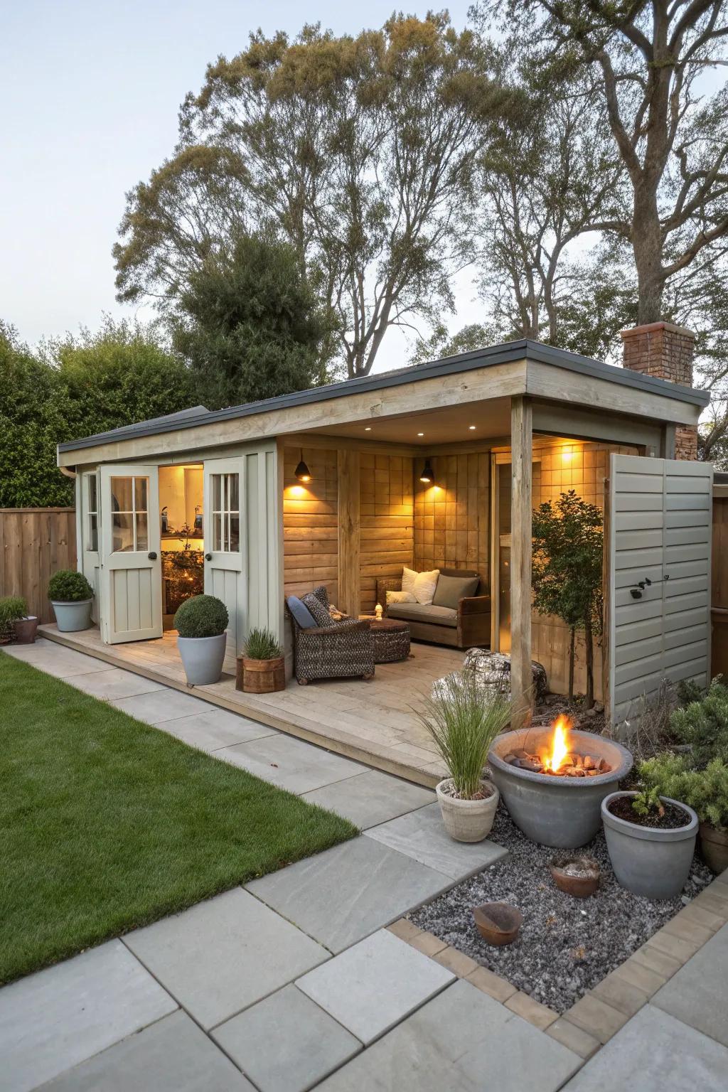 A shed seamlessly incorporated into a stylish patio setting.