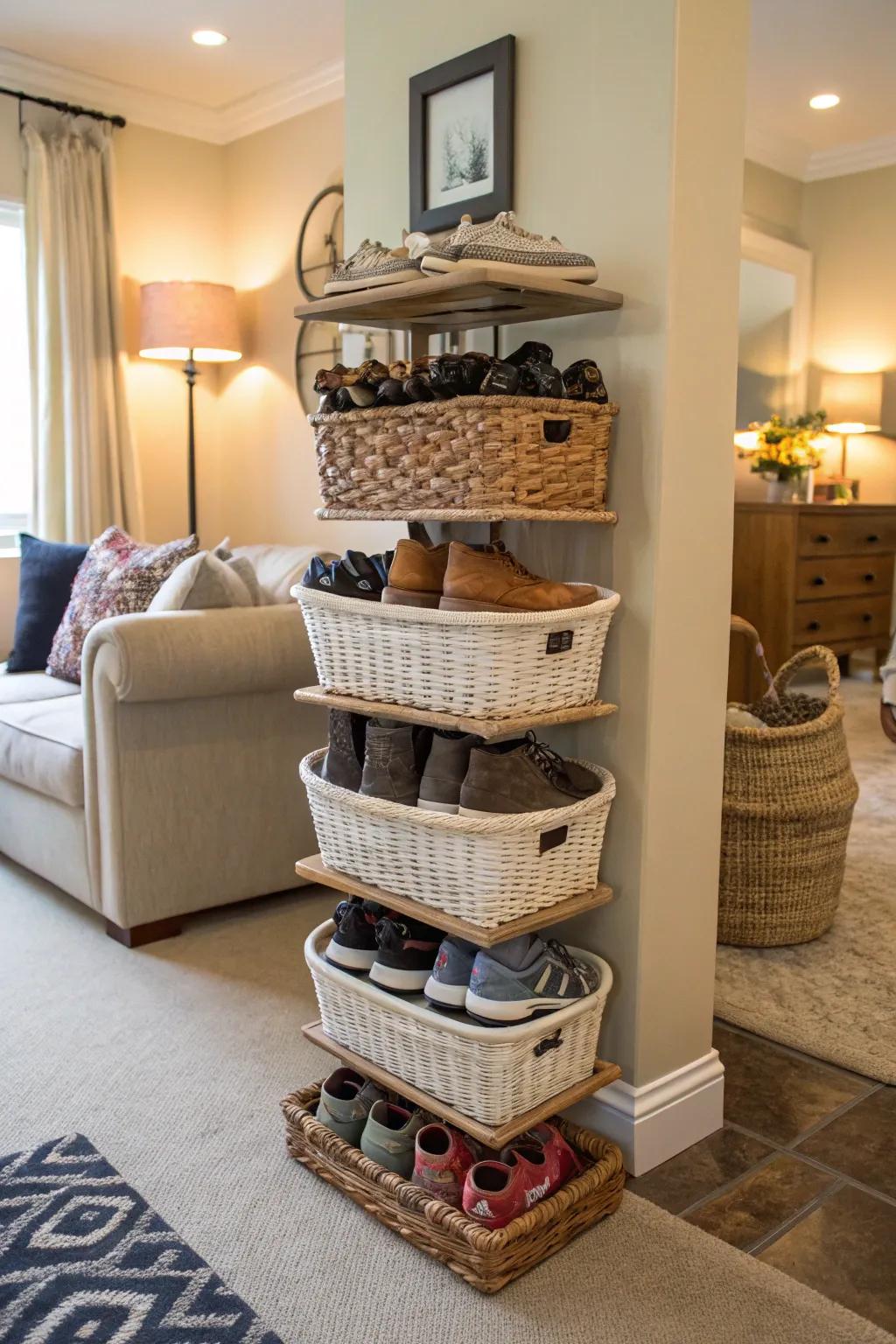 Basket towers provide a stylish and functional solution for shoe storage.