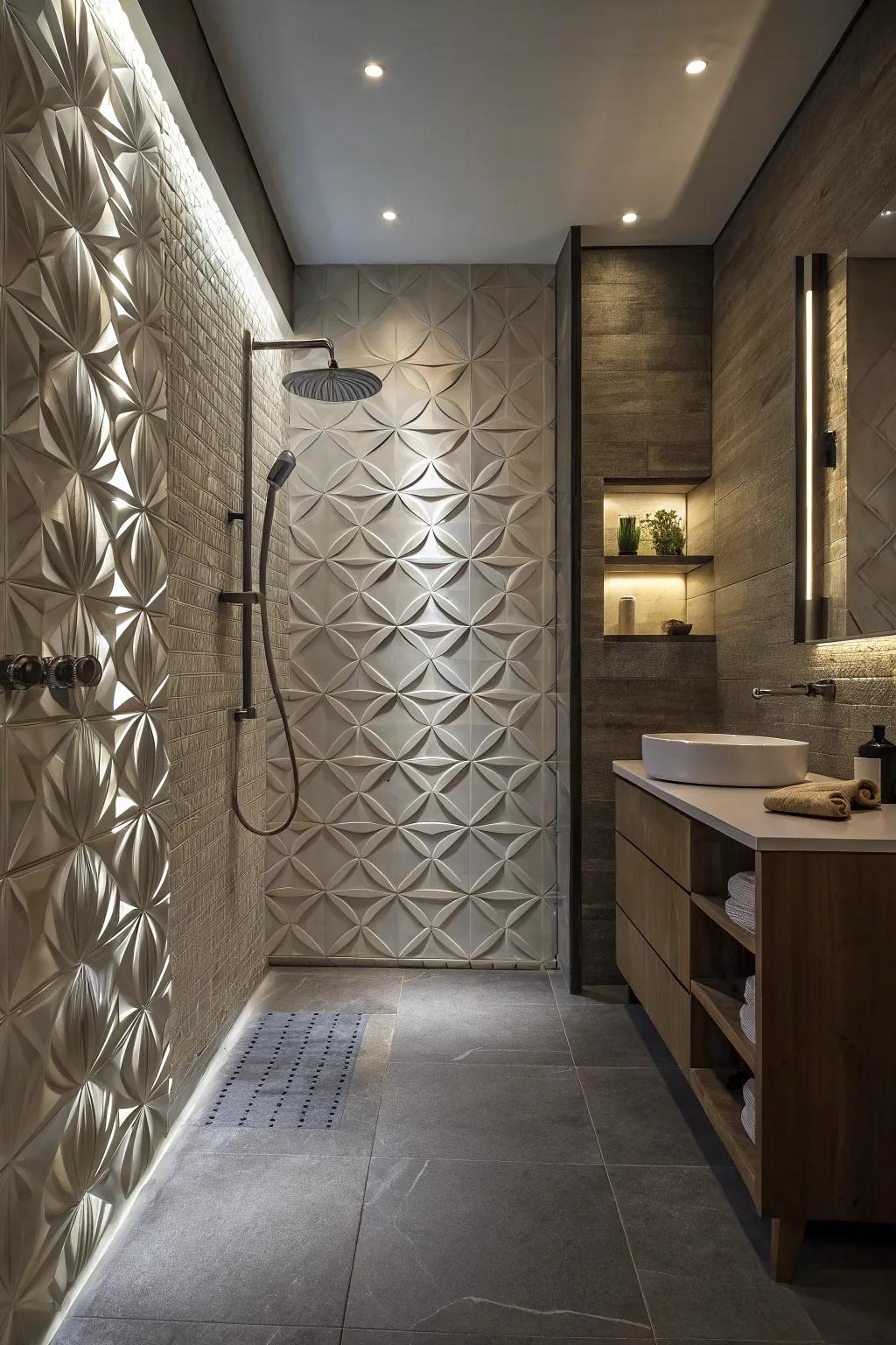 Sculptural tiles add depth and artistic flair to your shower.