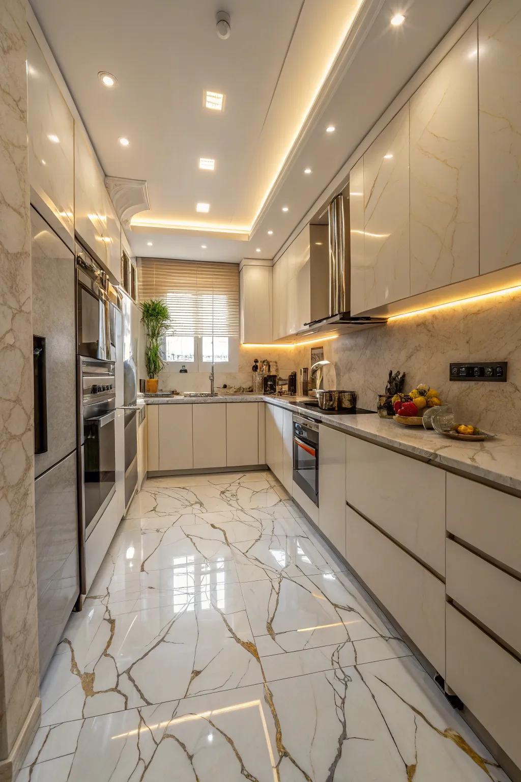 Marble-style floors introduce a hint of luxury.