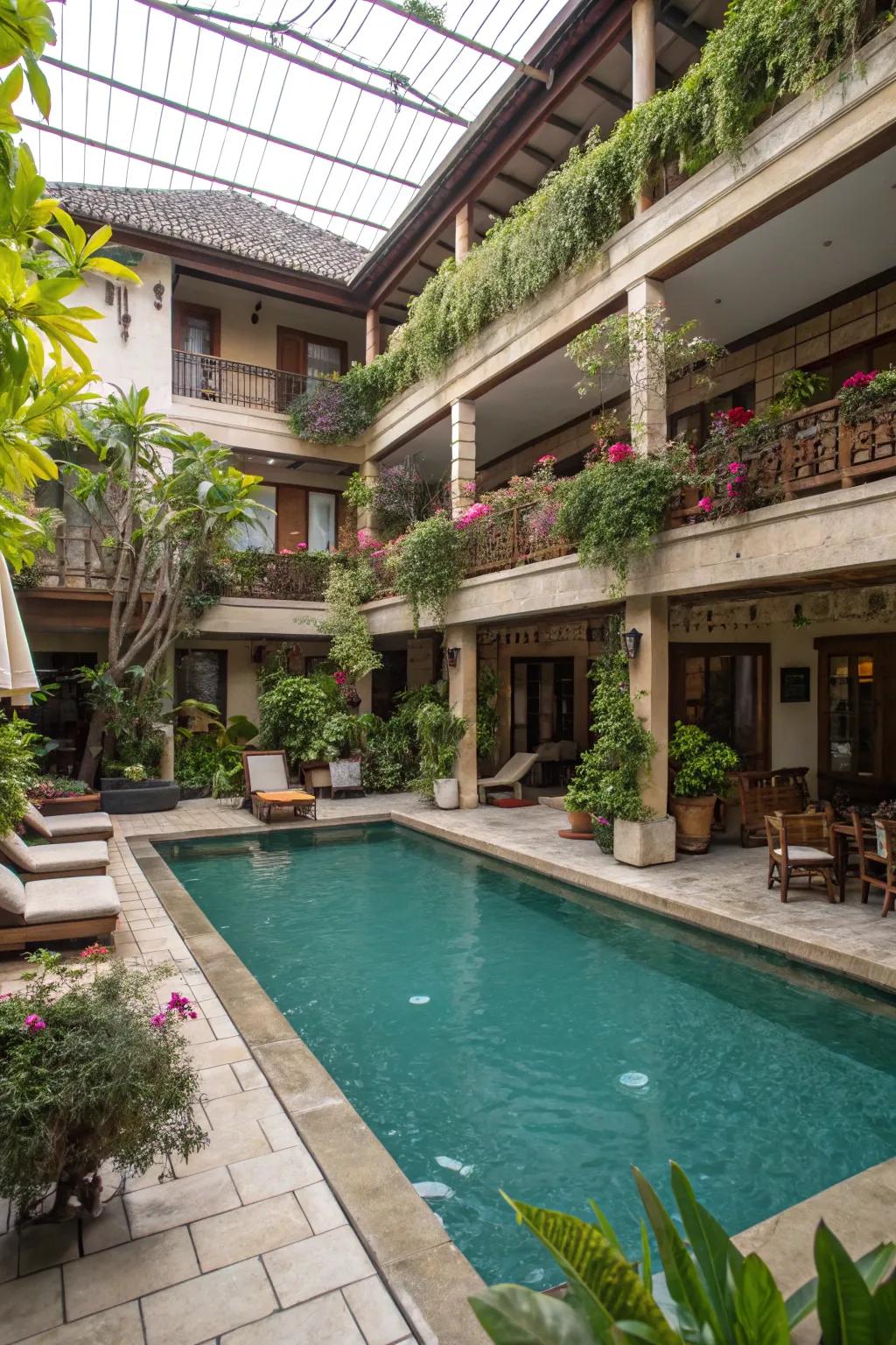 A multi-level pool area adds depth and intrigue to a small space.