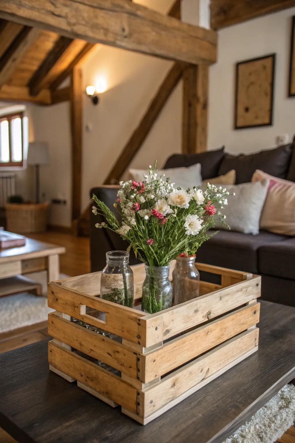 A wooded box loaded up with blossoms adds a homespun appeal to any room.