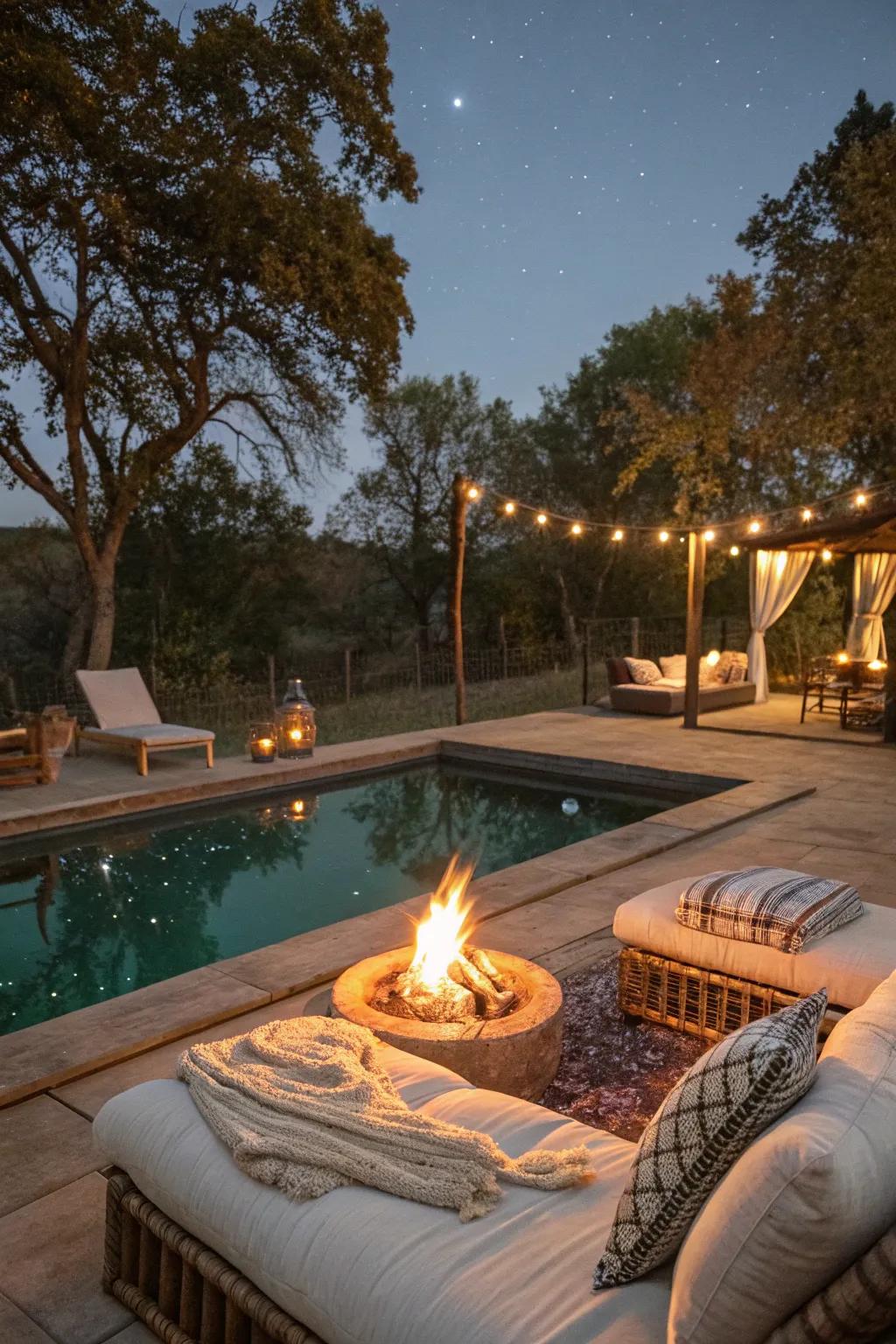 A poolside fire pit creates a cozy year-round spot.