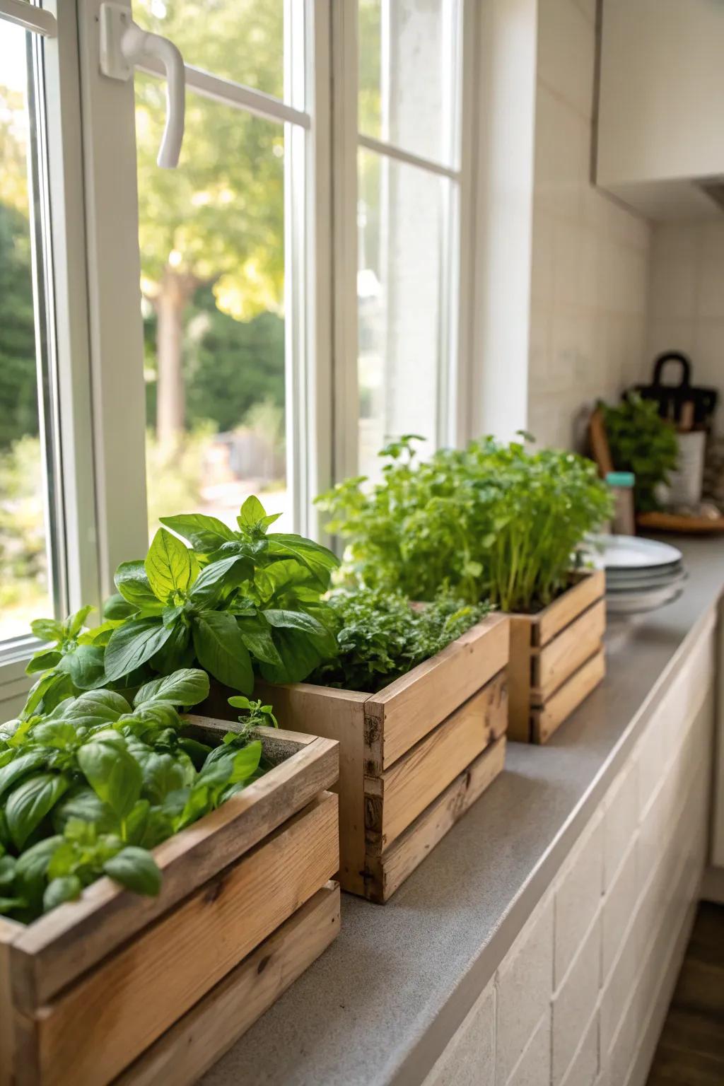 Window boxes provide easy access to fresh herbs for cooking.