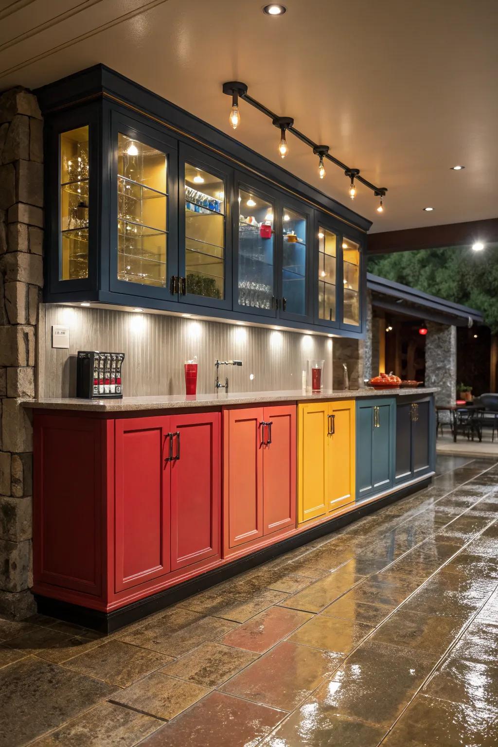 Bold colored cabinetry adding energy to a small wet bar.