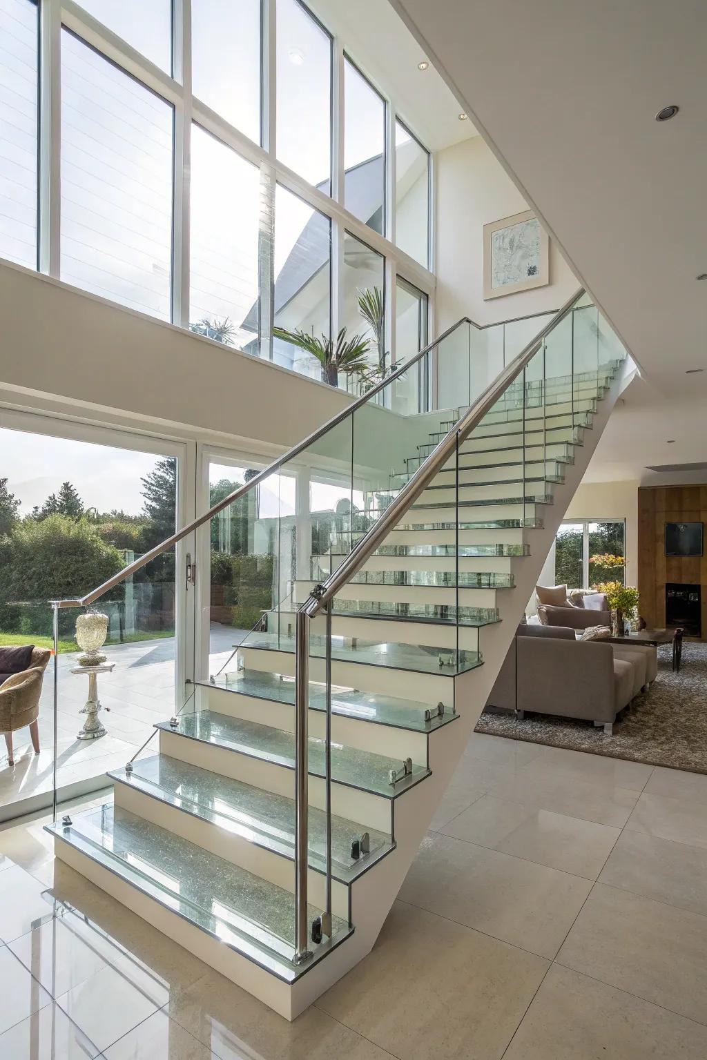 See-through balustrades generating an open and airy sense for this staircase.