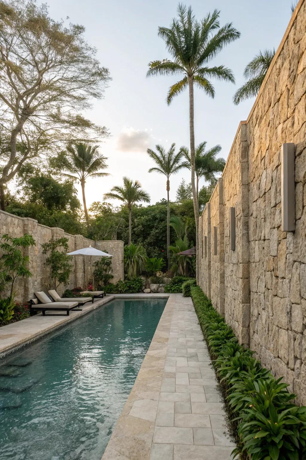 A pool area transformed into a secluded retreat with stone walls.