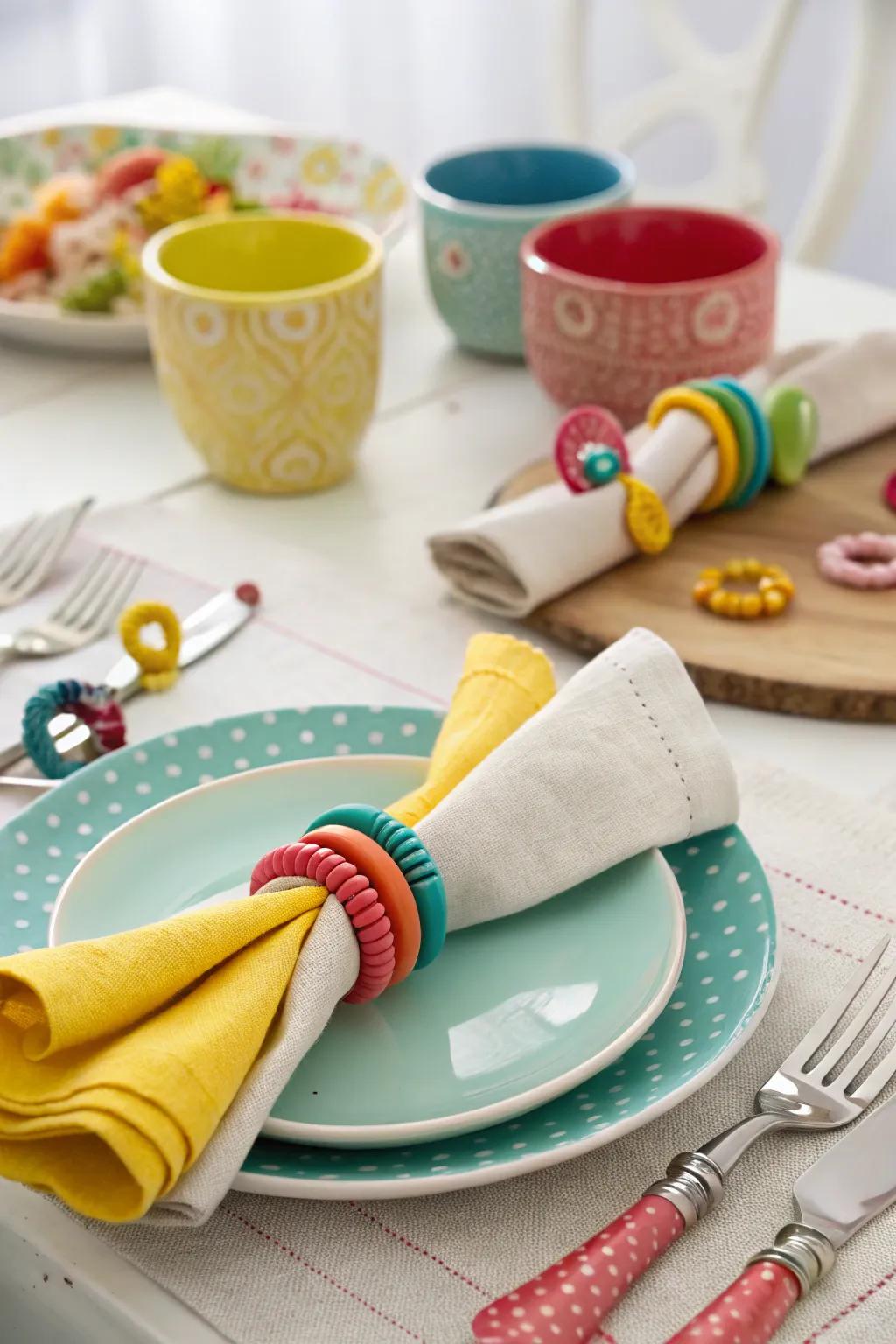 A fun dining experience is enhanced by whimsical napkin rings.