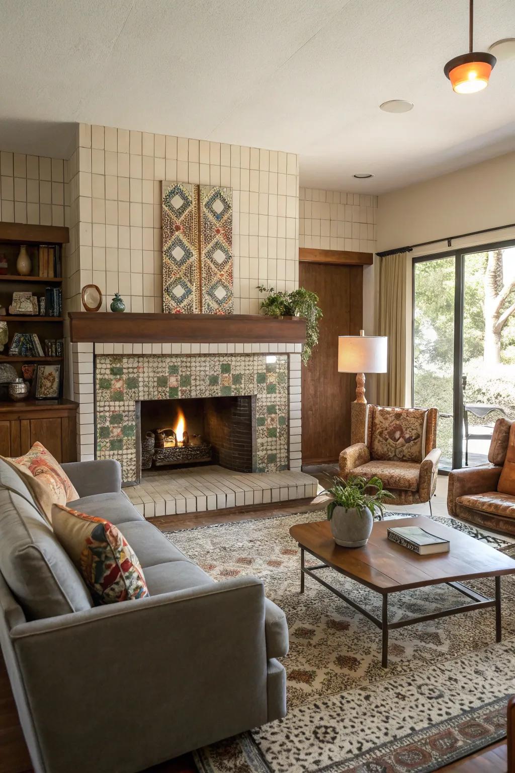 Retro tiles bring mid-century modern magic to this stylish fireplace.