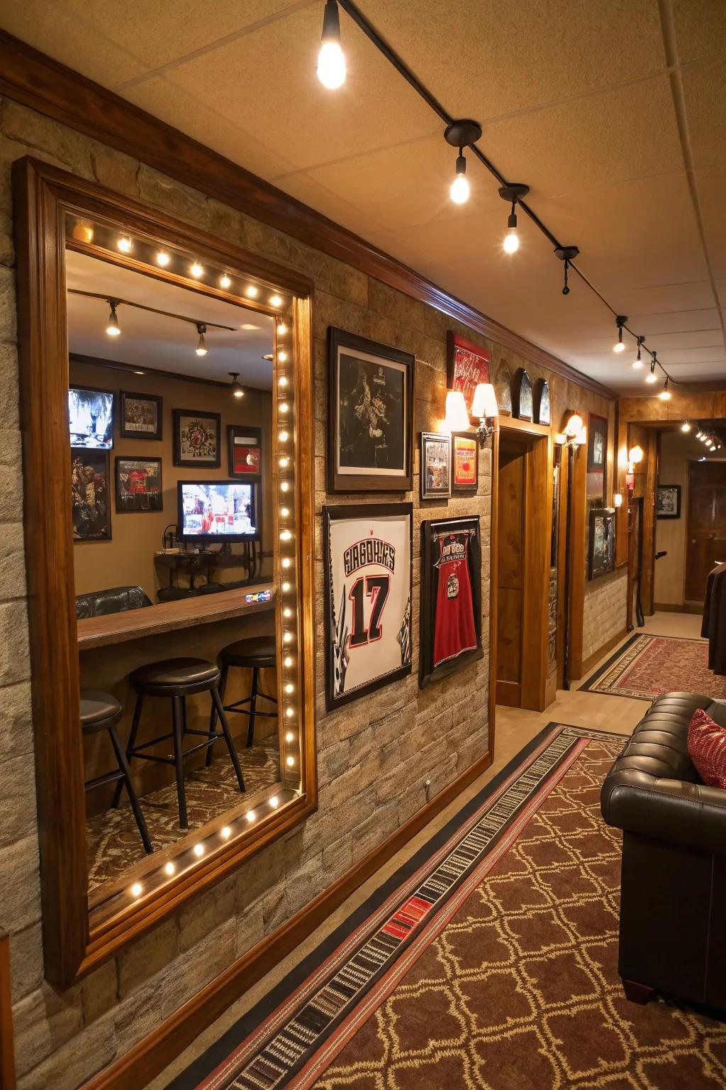 Mirrors create the illusion of a larger space in a small man cave.